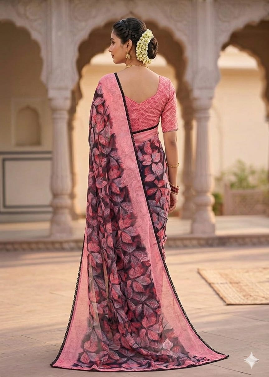 Pink&black chiffon febric for your easy to wear saree on daily basis