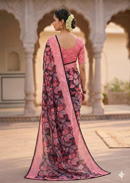 Pink&black chiffon febric for your easy to wear saree on daily basis