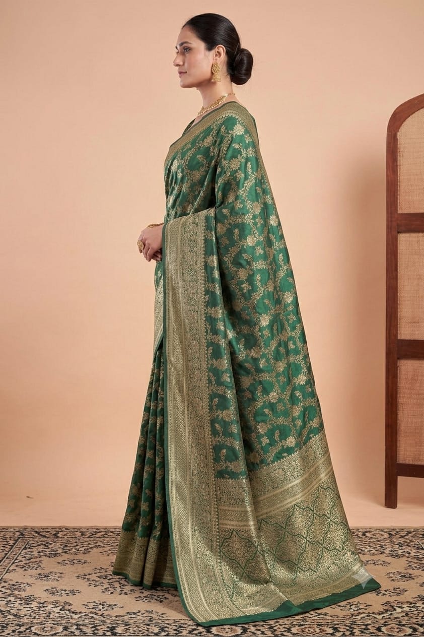 Greanly jari worked fliral silk saree