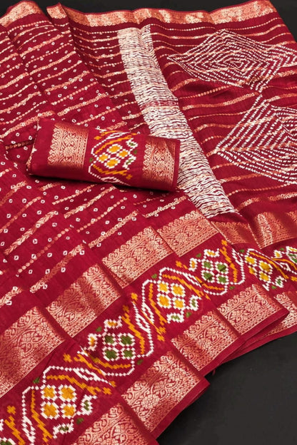 Semi georgette saree with shining border in dark red colour