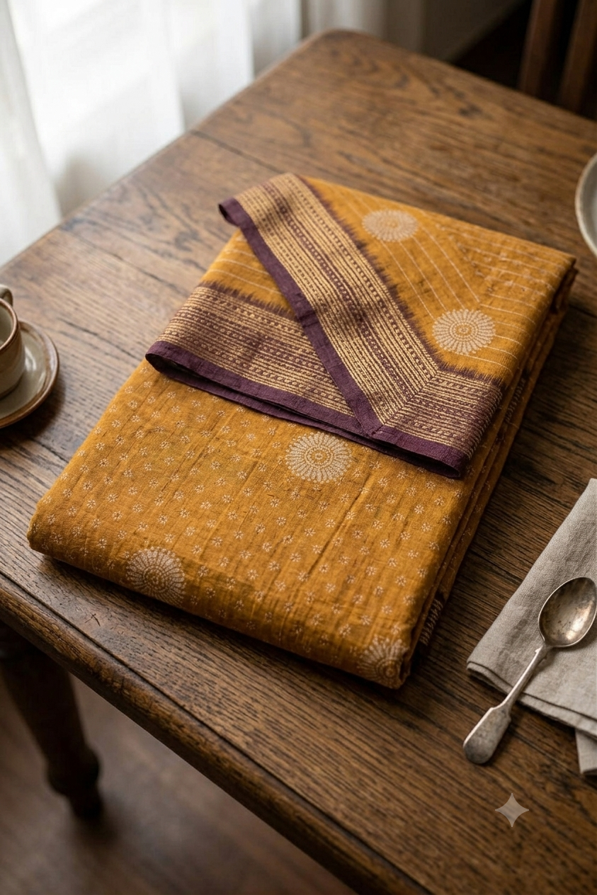 Dark yellow with chocolatey border polyester fabric saree