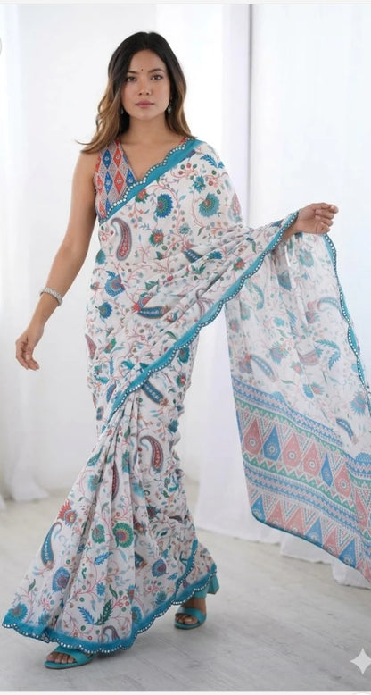 Embrace effortless elegance with this linen blend fabric printed saree
