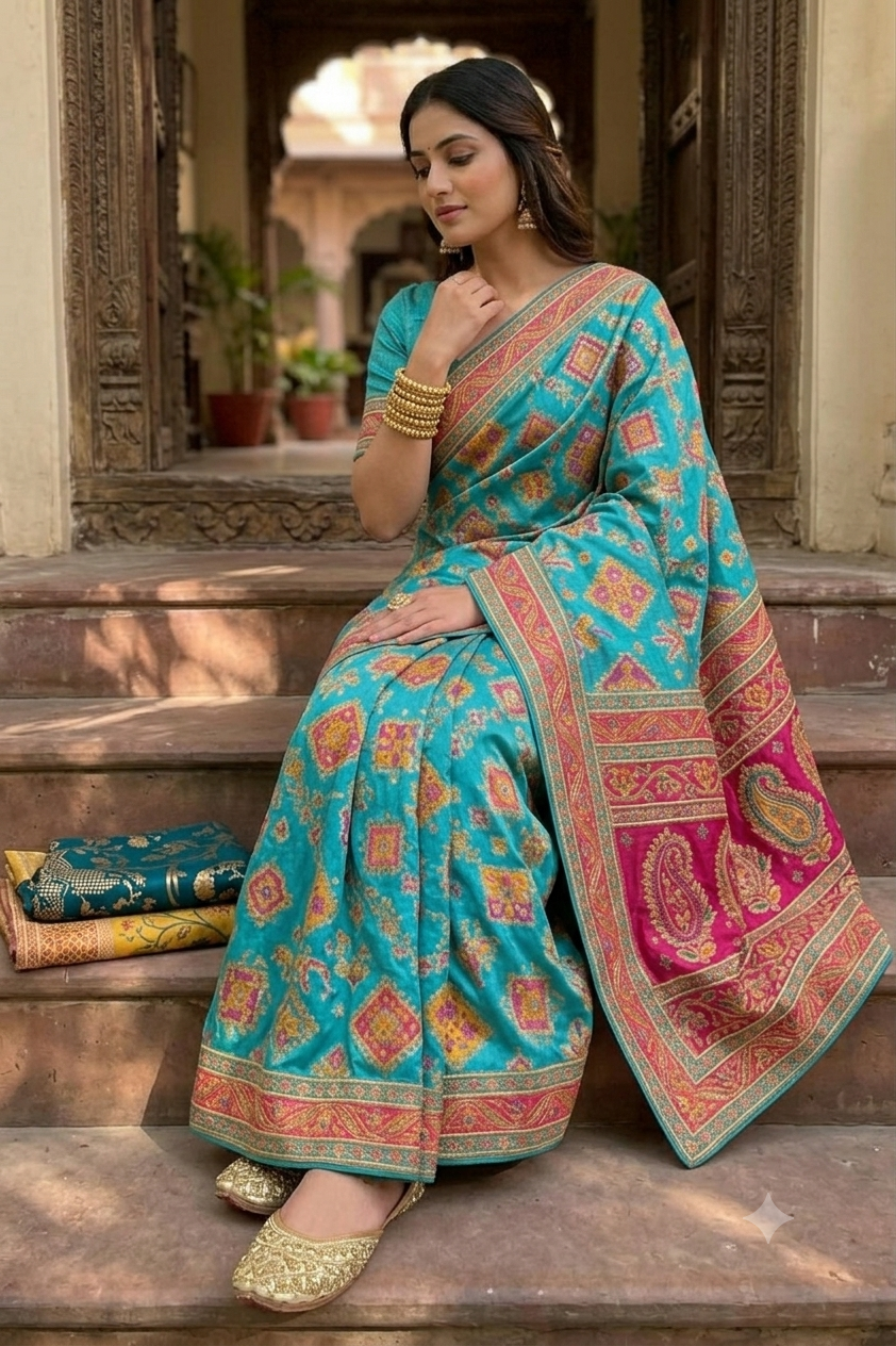 Turquoise tussar silky saree with pink patola and paisley zari border