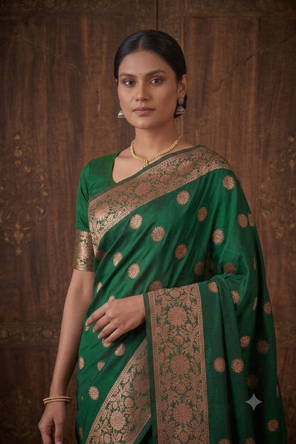 Darker green silk with jari work bnarsi saree