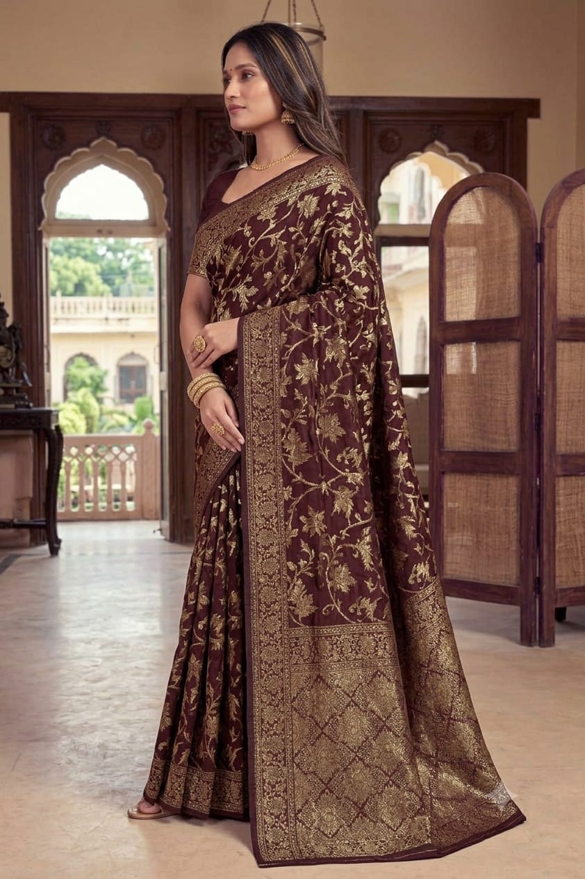 Darker maroon silky wedding wear saree