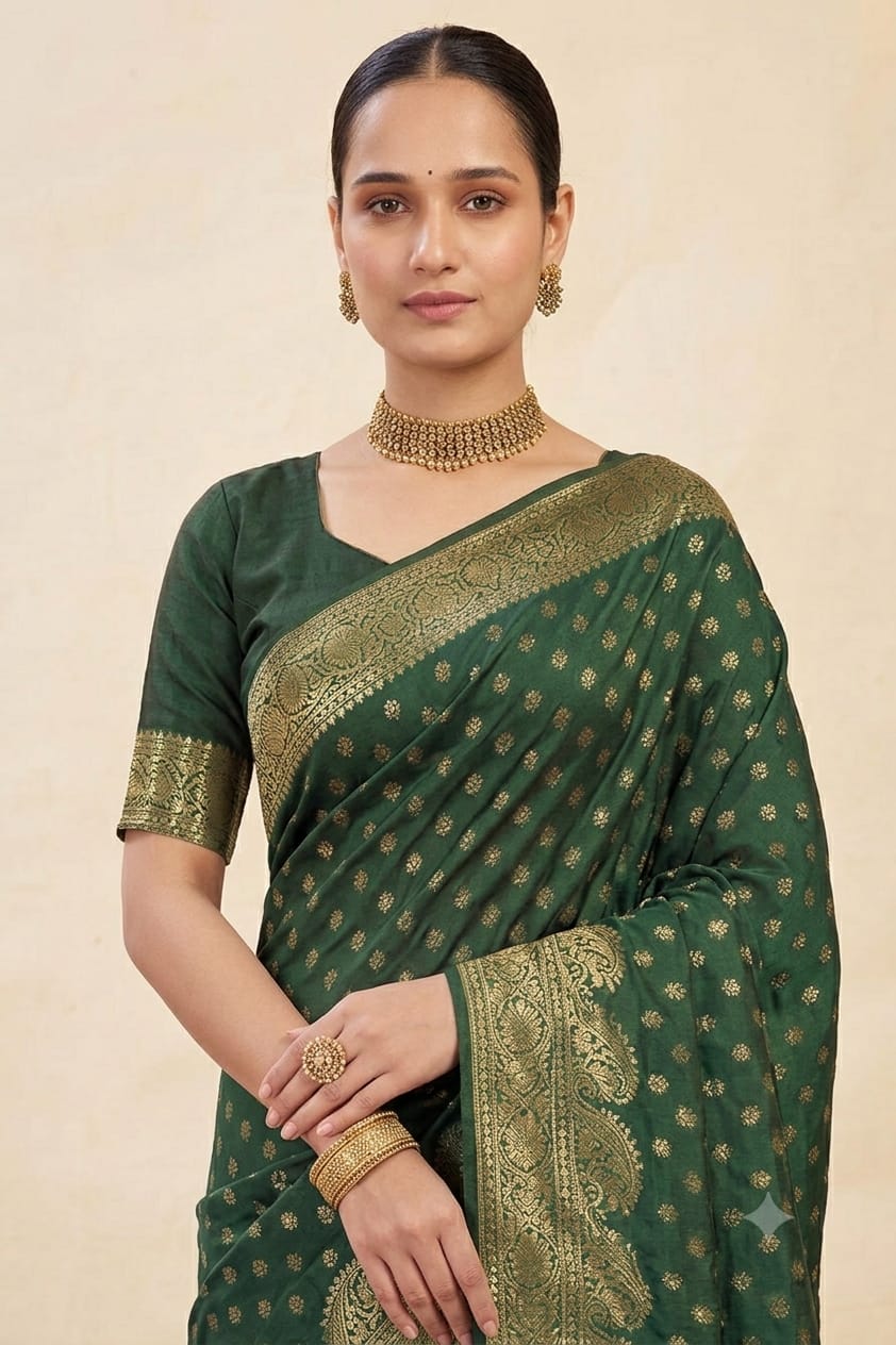 Dark green silk banarsi saree with jari work energy