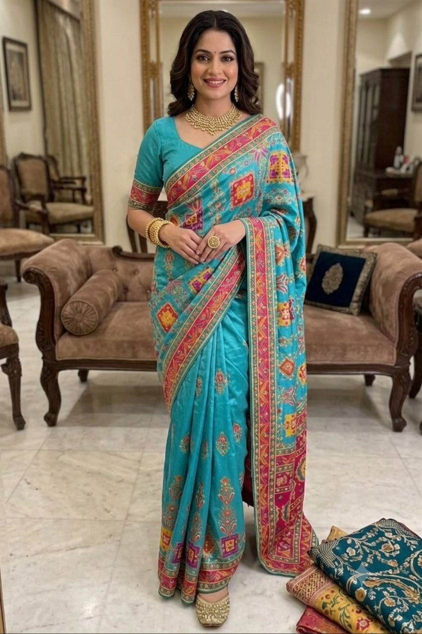 Turquoise tussar silky saree with pink patola and paisley zari border