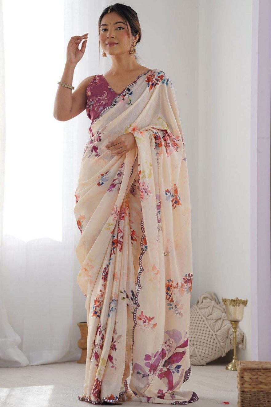 Light Creamy printed georgette saree ready to wear