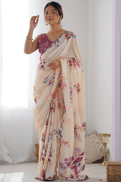 Light Creamy printed georgette saree ready to wear