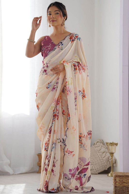 Light Creamy printed georgette saree ready to wear