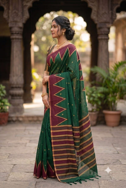 Dark green with maroon colour patta georgette design plain saree