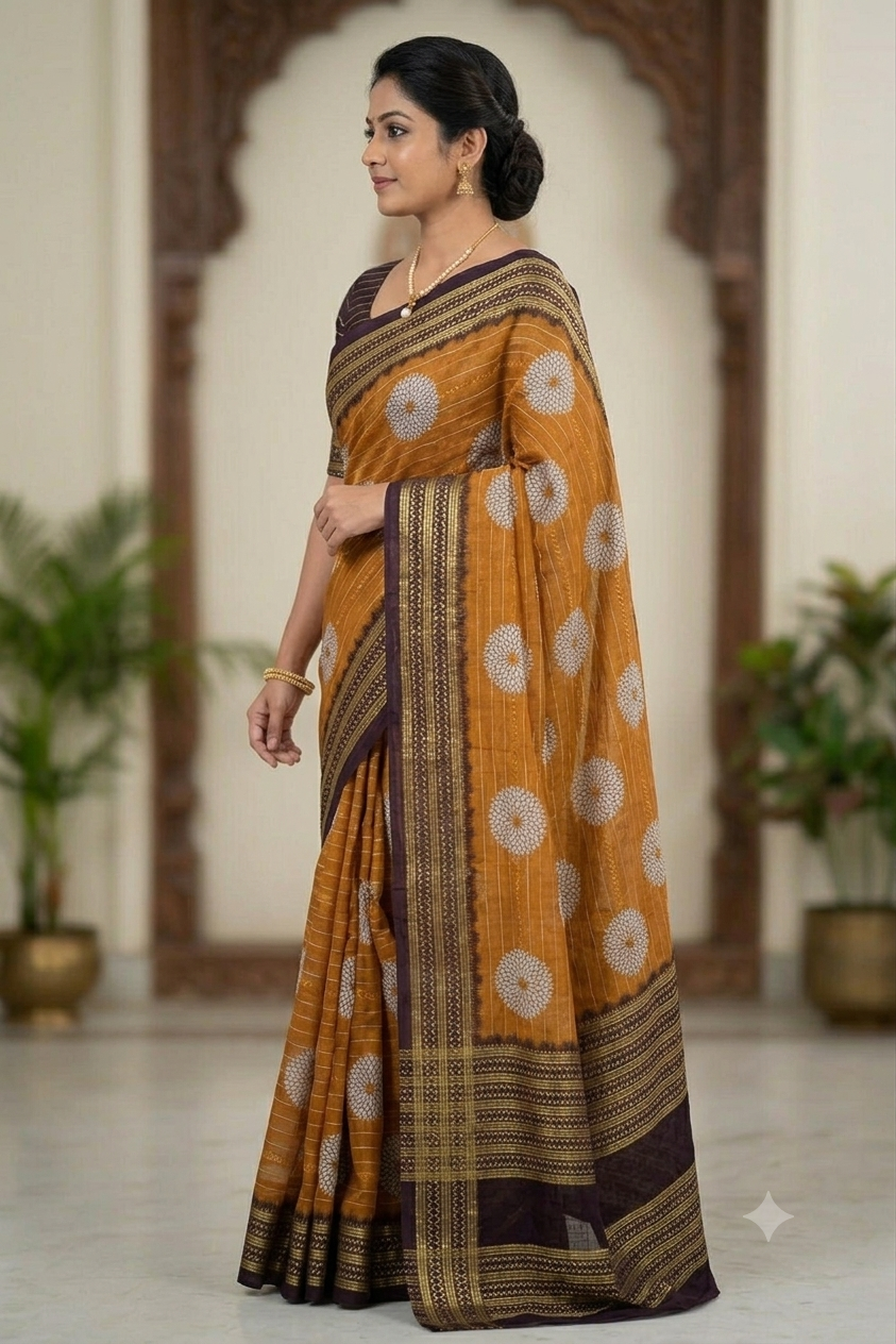 Dark yellow with chocolatey border polyester fabric saree