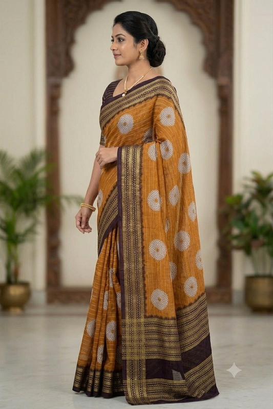 Dark yellow with chocolatey border polyester fabric saree