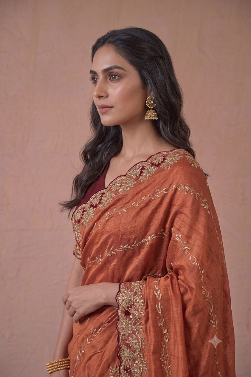 Dark orange colour embroidery design saree