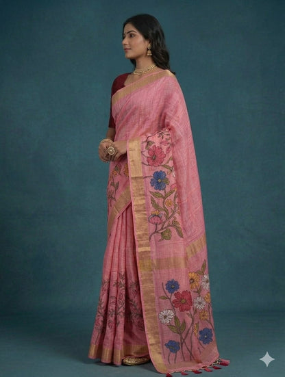 Pinky promise organza -embroidery jari cotton boundary along with cotton blouse