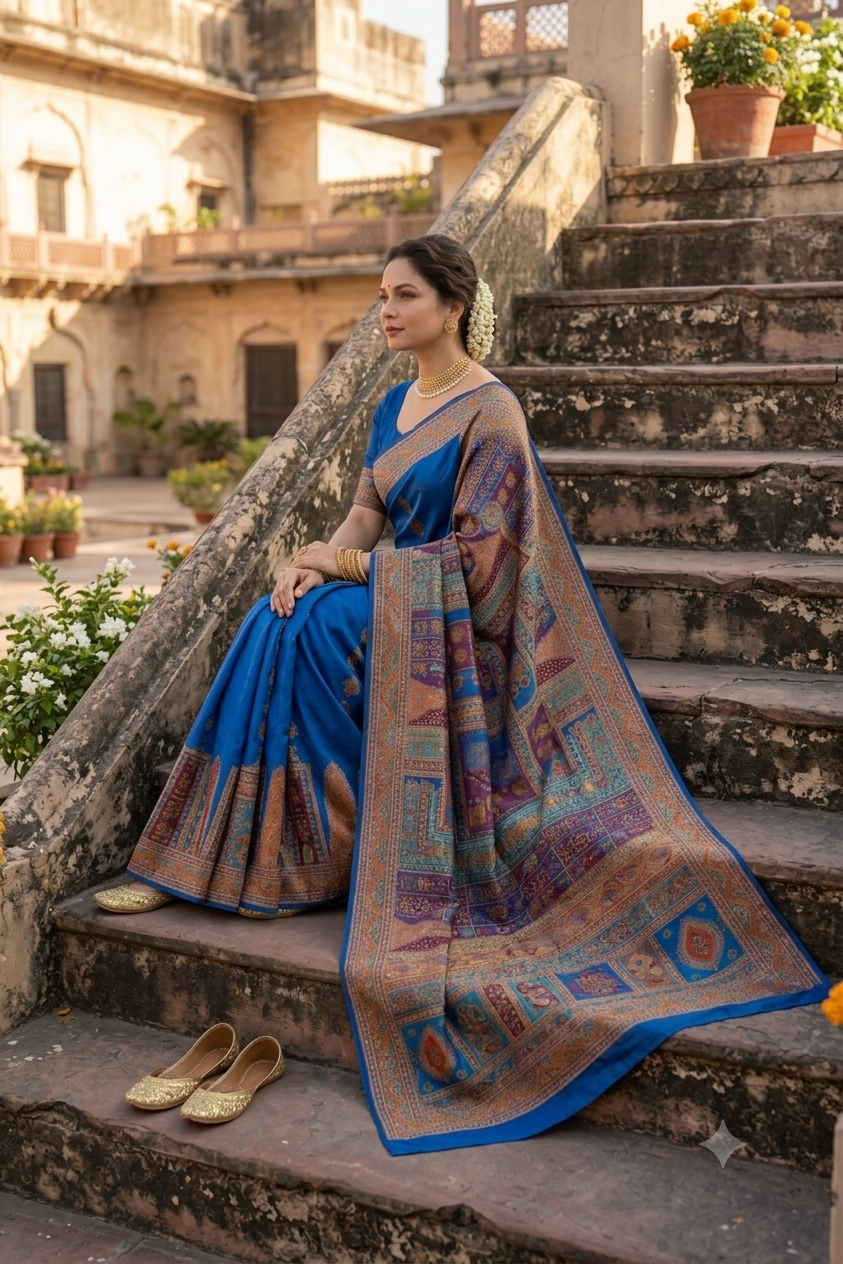 Exquisite royal blue silky saree with intricate patch work & zari border