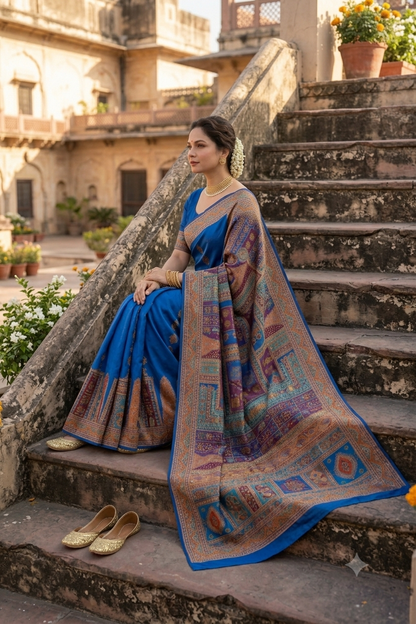 Exquisite royal blue silky saree with intricate patch work & zari border