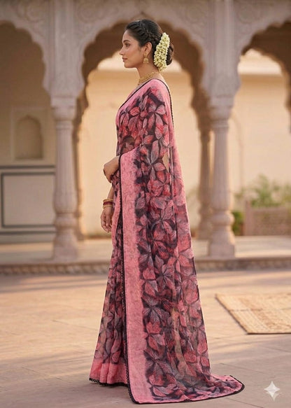 Pink&black chiffon febric for your easy to wear saree on daily basis