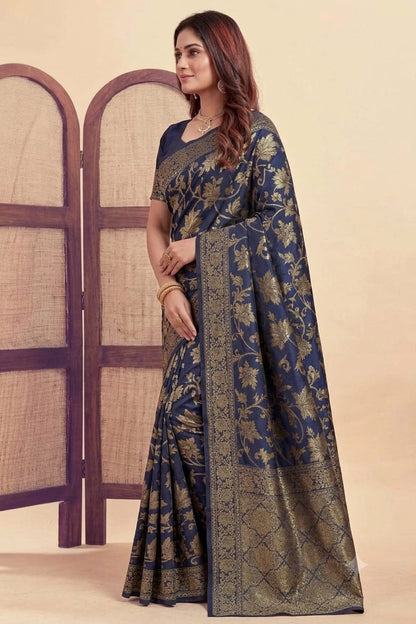 Darker navy with jari silky comfortable bnarsi saree