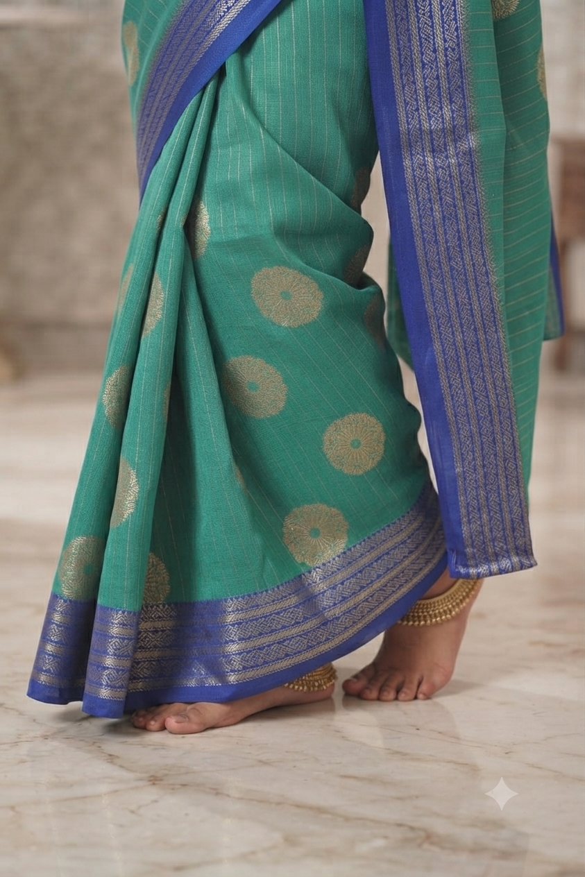 Radiant green floral motif saree with a mixture of silk&cotton