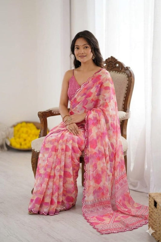 Plain georgette border saree light pink
