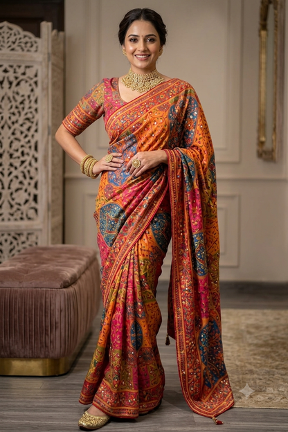 Elegant multi colour kashmiri pashmina silk with intricate mirror work border
