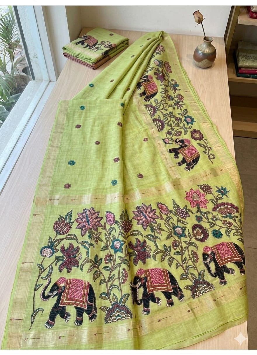 Vanilla pista with traditional embroidery on coton fabric