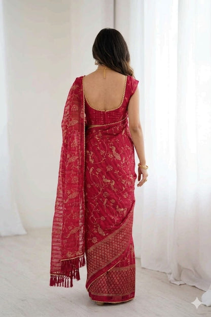 Maroon Georgette with golden jari embroidery work royal look