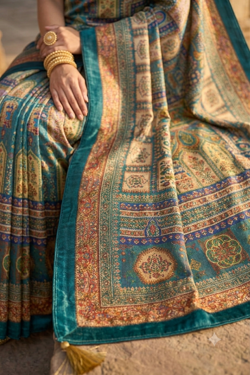 Elegant teal multicolour printed saree with velvet border and tassels