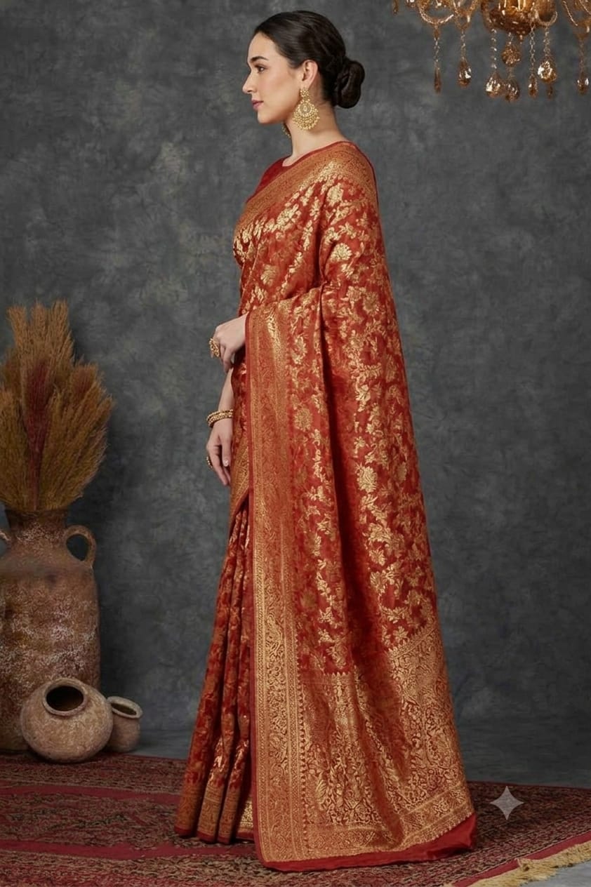 Red coloured premium jari worked floral saree