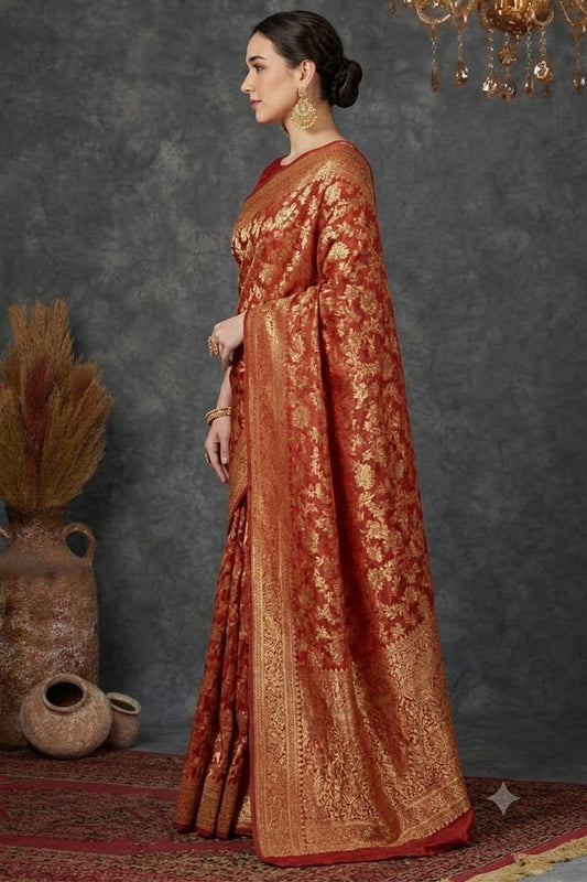Red coloured premium jari worked floral saree