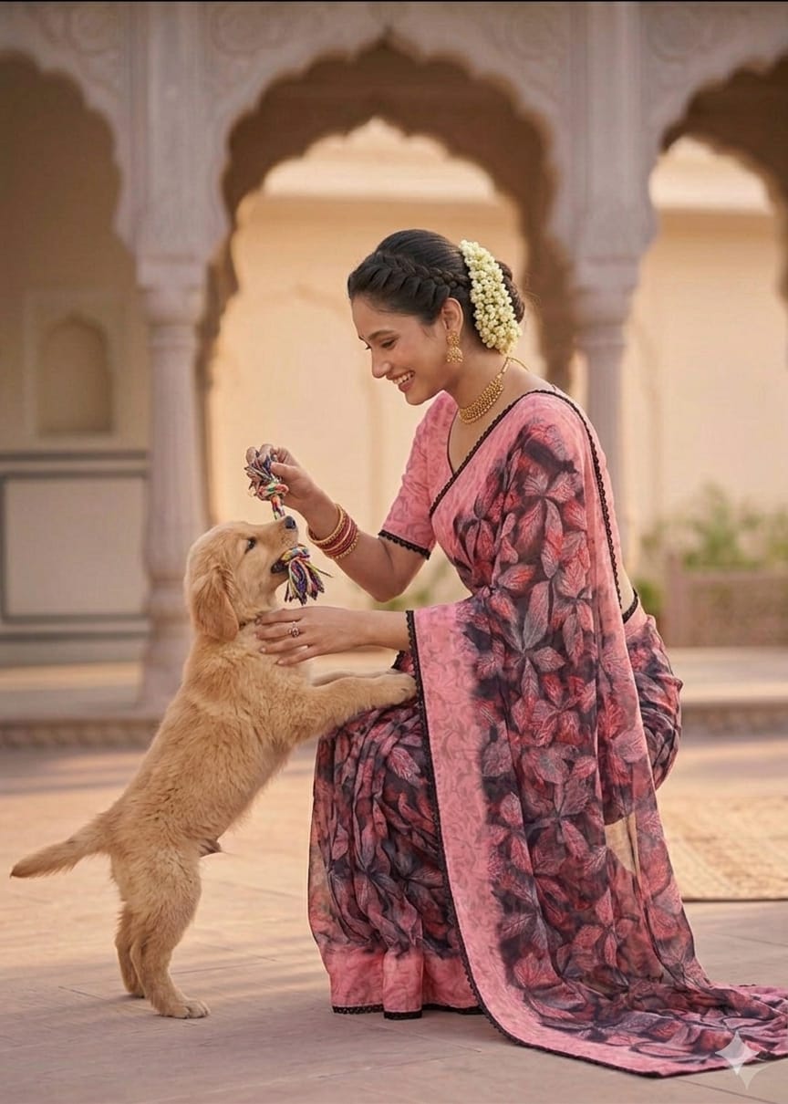 Pink&black chiffon febric for your easy to wear saree on daily basis