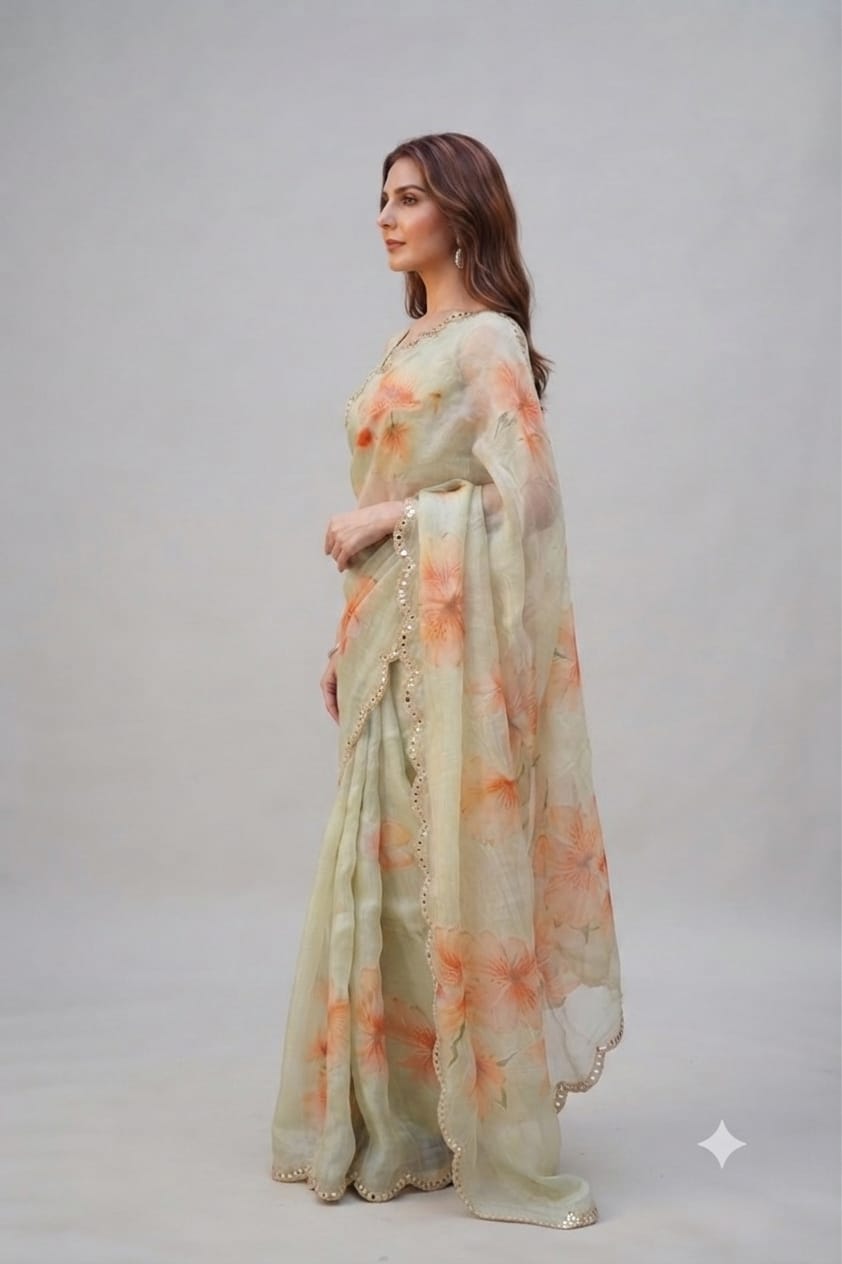 Elegant Pastel Green Floral Organza Saree with Scalloped Mirror-Work Border