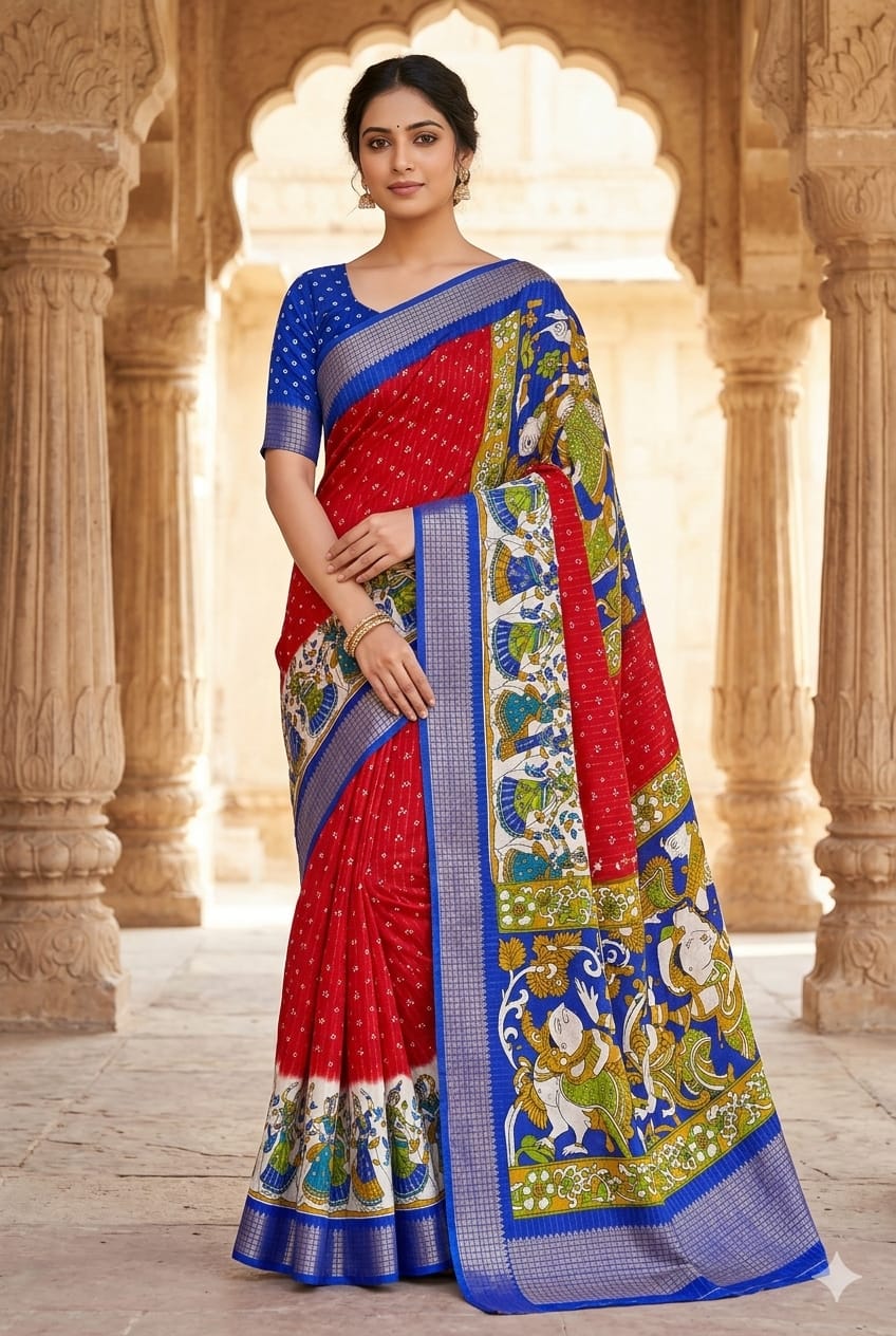 Dark red banarsi with blue border patta