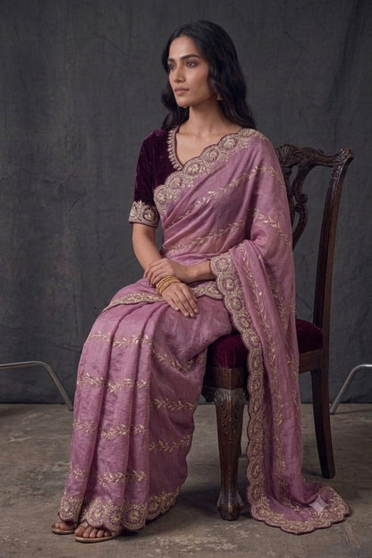 Pinkyesh embroidery design saree with maroon colour blouse