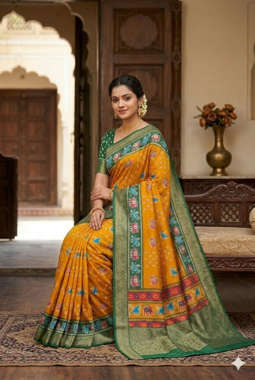 Yellow mango banarsi silky Saree premium quality