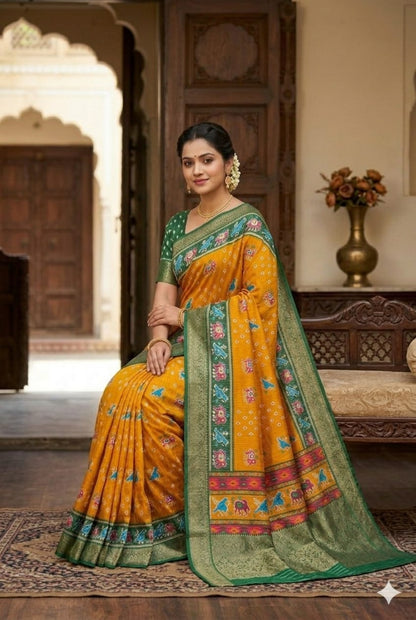 Yellow mango banarsi silky Saree premium quality
