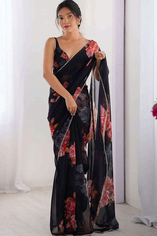 Black Georgette printed saris light weight breathable