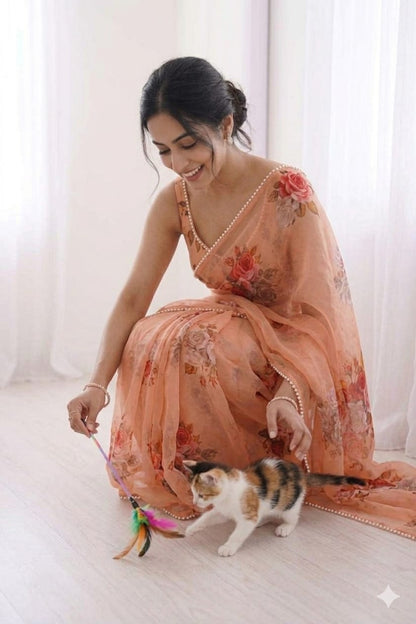 Georgette printed light pink saree with extra comfort