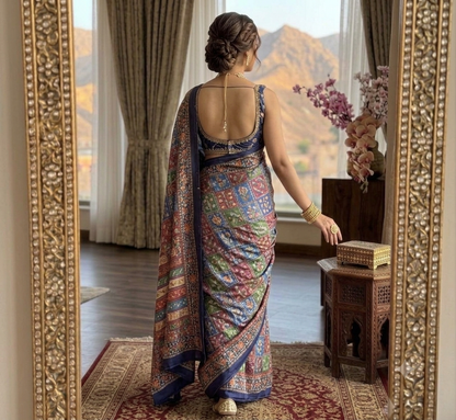 Dark navy with handcrafted embroidered masterpiece saree