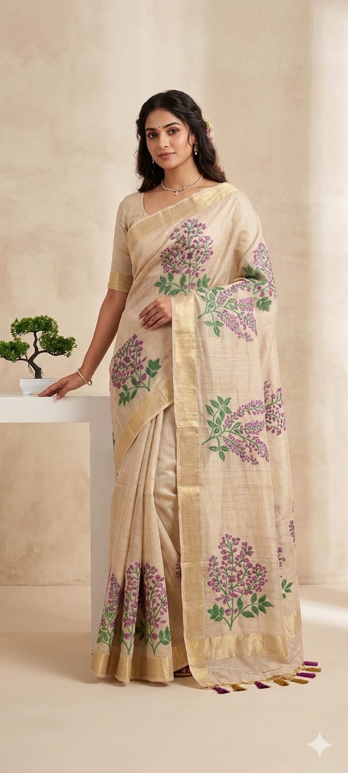 Light Creamy traditional embroidery design saree pure cotton