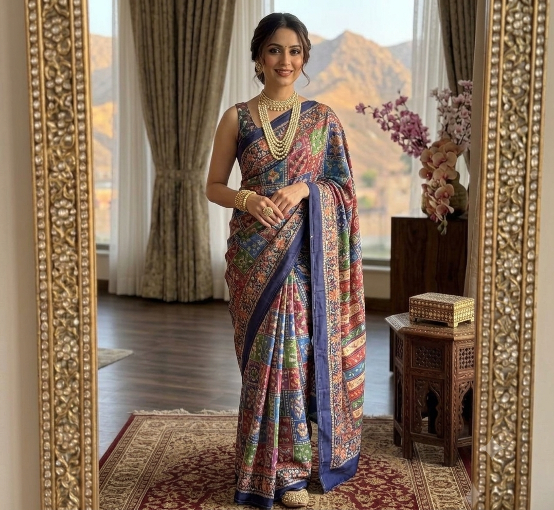 Dark navy with handcrafted embroidered masterpiece saree