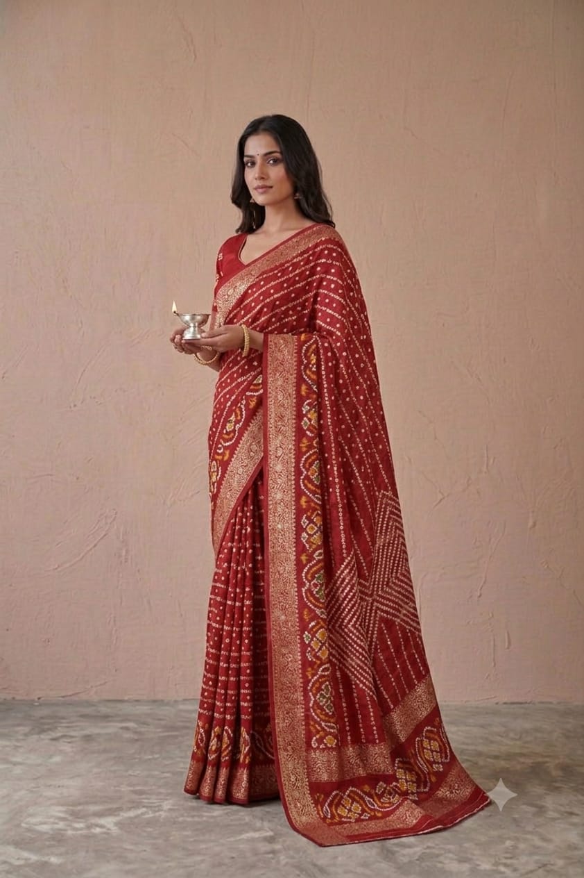 Semi georgette saree with shining border in dark red colour