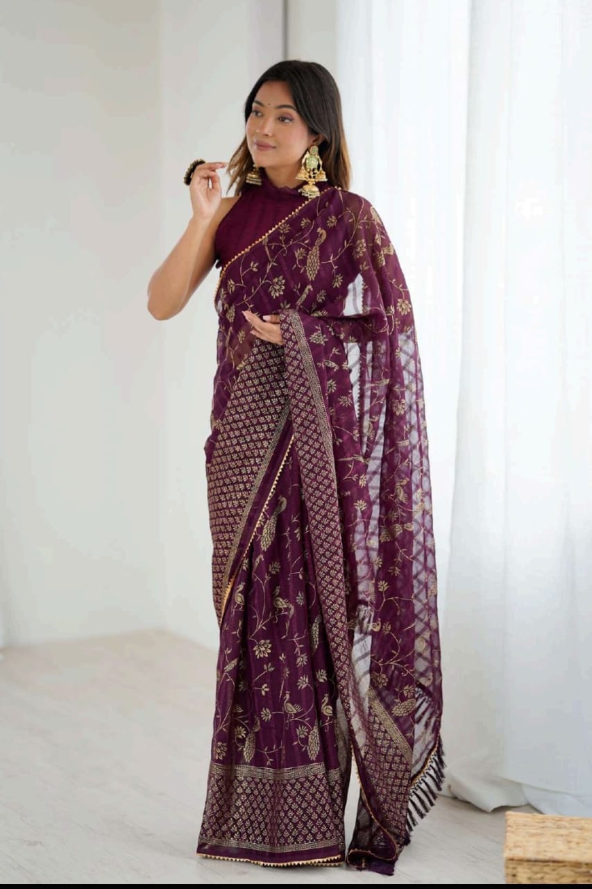 Dark bengani printed georgette saree with stylish daily wear