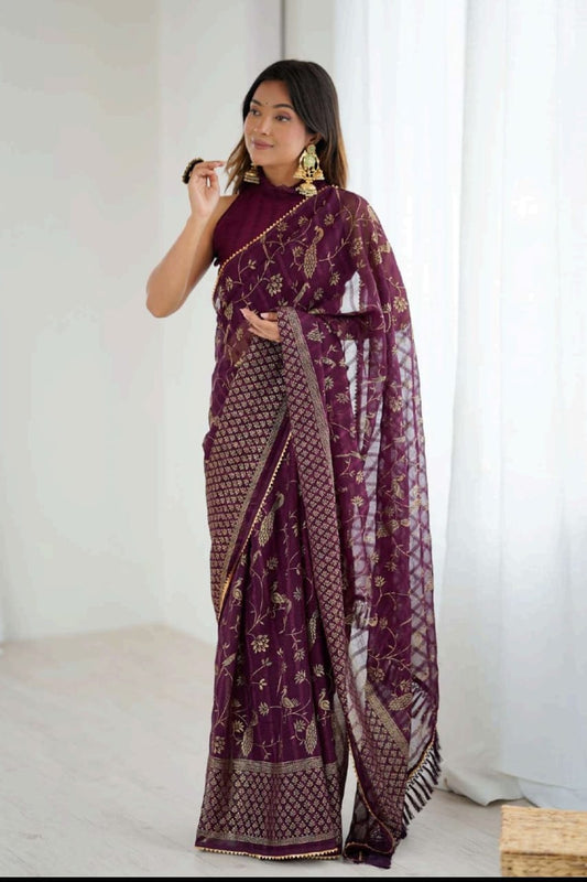 Dark bengani printed georgette saree with stylish daily wear