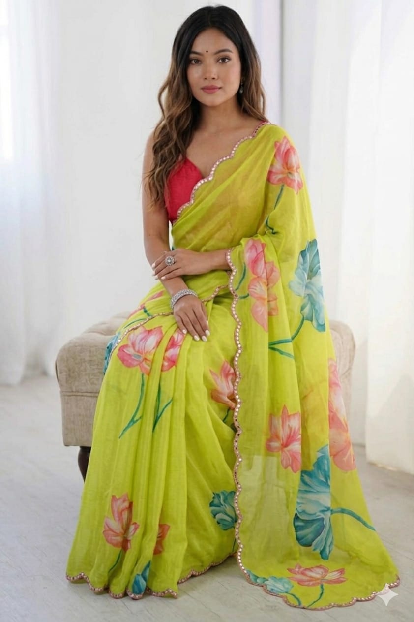 Light yellowish rose printed georgette saree