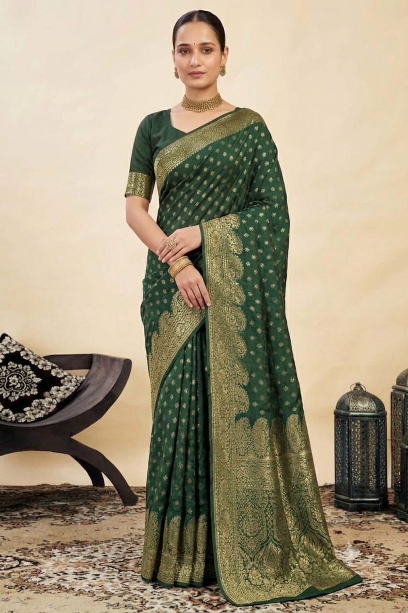 Dark green silk banarsi saree with jari work energy