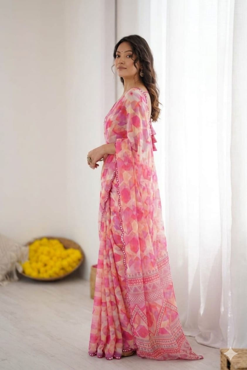 Plain georgette border saree light pink