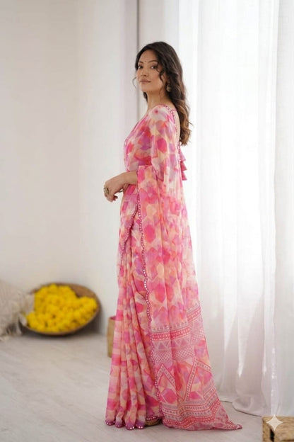 Plain georgette border saree light pink