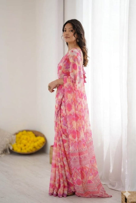 Plain georgette border saree light pink